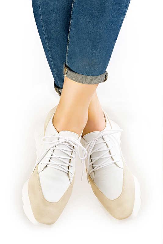 Champagne beige and off white women's casual lace-up shoes. Square toe. Low rubber soles. Worn view - Florence KOOIJMAN